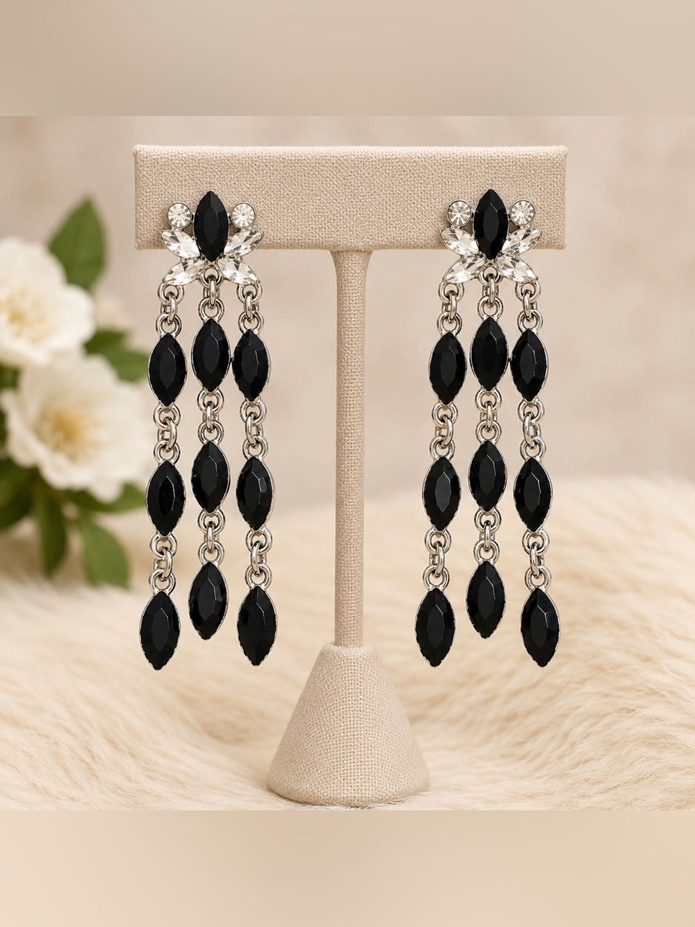 Marquise Drop Black Rhinestone Earrings Sophisticated Prom Evening Date Night